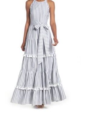 Eliza J Striped Tiered Tassel Trim Maxi Dress